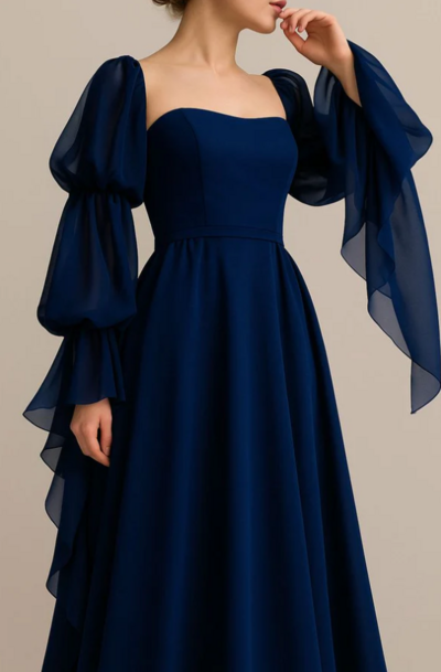 Chic Romantic A-line Blue Prom Dresses With Long Sleeves