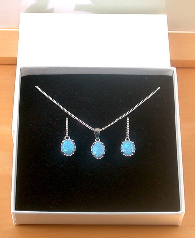 BOXED GIFT SET/Sterling Silver Blue Opal Pendant & Chain/Blue Opal Necklace/Opal Necklace/Opal Jewellery/Opal Jewelry/Opal Earrings/UK