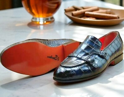 Crafted Leather Classic Blue Crocodile/Alligator Leather Double Monk Strap Loafers Dress Shoes