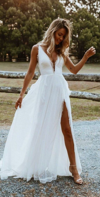 Chic A Line V Neck Beach Wedding Dresses Bridal Gowns