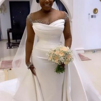 Elegant wedding dress, mermaid long sleeve beading crystals african girls bridal dress bridal gown - Thumbnail 1