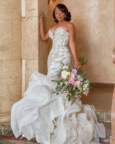 Elegant Wedding Dress, Mermaid Beading Crystals Tiered African Girls Bridal Dress Bridal Gown