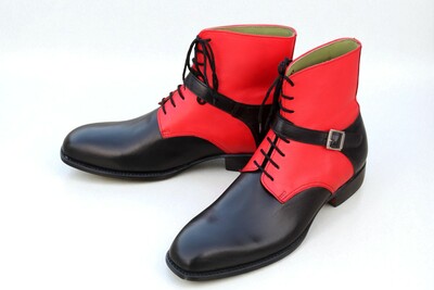 Crafted Leather Handmade Men Black Red Leather Strap Ankle High Boot
