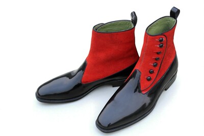 Crafted Leather Handmade Men Black Patent Red Suede Leather Ankle High Button Dress Boot