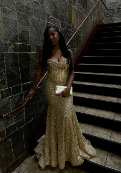 Sweetheart Gold Sequin Mermaid Long Prom Dress