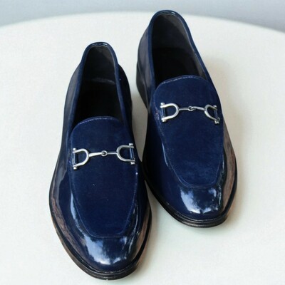 Crafted leather blue velvet / patent classic moccasin loafers dress shoes - Thumbnail 3