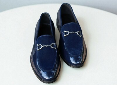 Crafted Leather Blue Velvet / Patent Classic Moccasin Loafers Dress Shoes