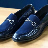 Crafted Leather Blue Velvet / Patent Classic Moccasin Loafers Dress Shoes - Thumbnail 1