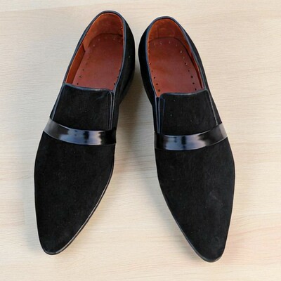Crafted leather classic black suede leather pointed toe moccasin loafers dress shoes - Thumbnail 3