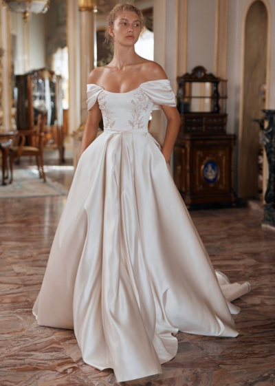 Vintage Off-the-Shoulder Satin Wedding Dress With Beading