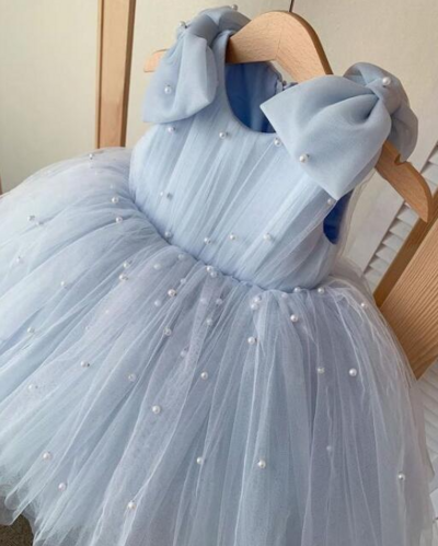 Cute Sky Blue Flower Girl Dresses with Pearls