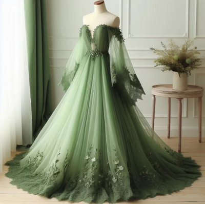 Off The Shoulder V-Neck Tulle Green Party Dress Wedding Dress With Lace Applique