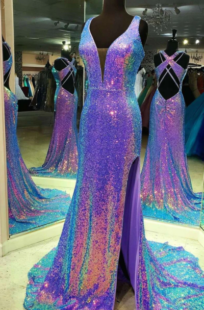 Multi Sequins Purple V-Neck Cross Back Long Prom Dress