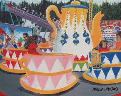 "Tea Cups" Carnival ride painting by N.E.Thompson, Framed original artwork, size 8x10 inch canvas panel