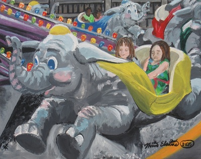 "Flying Elephants" Carnival ride painting by N.E.Thompson, Framed original artwork, size 8x10 inch canvas panel