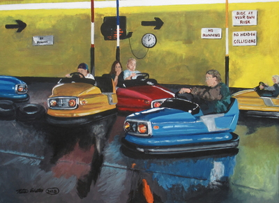 "Bumper Cars" Carnival ride painting by N.E.Thompson, Framed original artwork, size 18x24 inch canvas panel