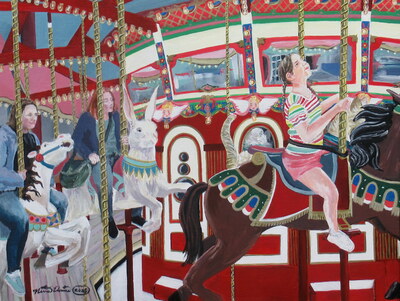 "Carousel" Carnival ride painting by N.E.Thompson, Framed original artwork, size 18x24 inch canvas panel