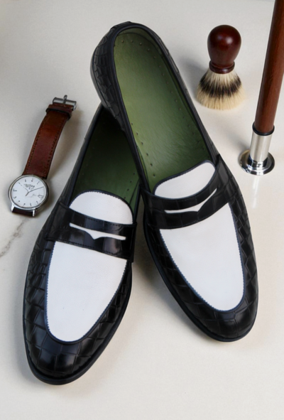 Crafted Leather Handmade Classic Two Tone Black White Crocodile/Alligator Leather Dress Shoes