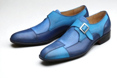 Crafted Leather Handmade Men Classic Blue Leather Monk Strap Dress Shoes