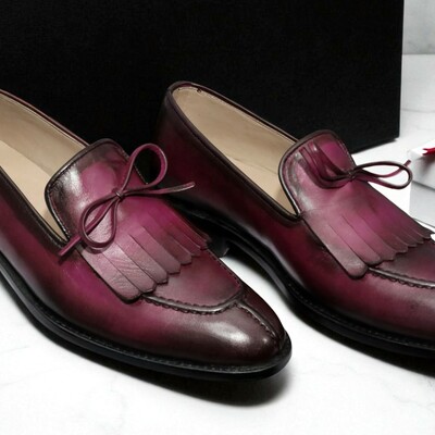 Crafted leather classic men purple patina leather tassel loafers dress shoes - Thumbnail 2