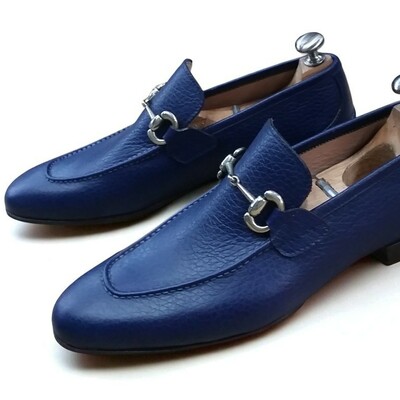 Crafted leather classic men blue leather horsebit moccasin loafers dress shoes - Thumbnail 1