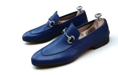Crafted Leather Classic Men Blue Leather Horsebit Moccasin Loafers Dress Shoes