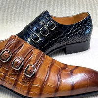 Men's embossed trendy three-buckle leather shoes 2 colors - Thumbnail 1