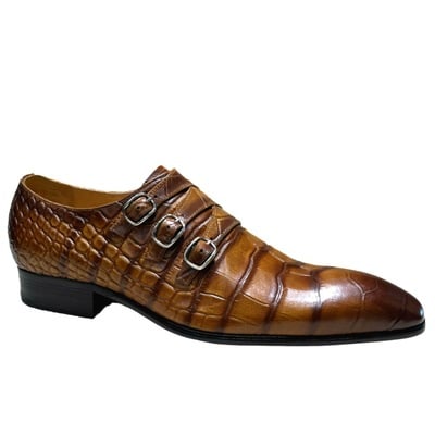 Men's embossed trendy three-buckle leather shoes 2 colors