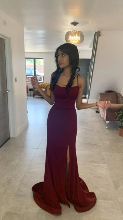 A Line Burgundy Stain Long Split Prom Dresses