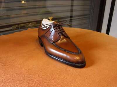 Men’s Handmade Brown Leather Derby Shoes – Italian Style Formal Dress Shoes with Handstitched Apron Front