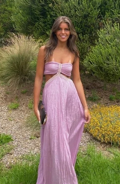 Strapless Cut Out Purple A-Line Long Prom Dress