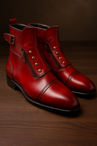 Men’s Red Leather Button Strap Ankle Boots Handmade Vintage Military Style Dress Boots