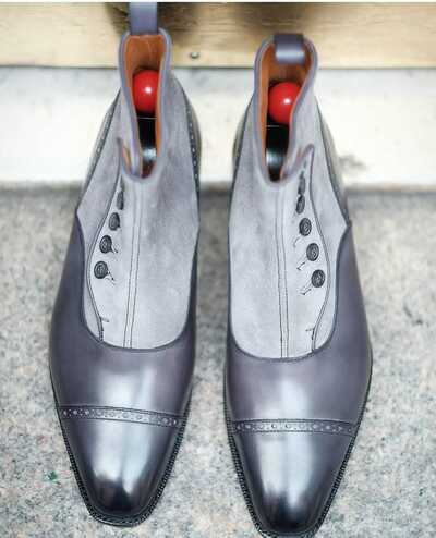 Handmade Two-Tone Leather & Suede Button Boots Vintage Victorian Style Men’s Dress Boots Formal Cap Toe Ankle Boots Groomsmen Wedding Shoes