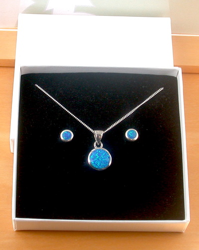 BOXED GIFT SET/Sterling Silver Blue Opal Round Pendant & 18' Chain/Blue Opal Necklace/Blue Opal Jewellery/Blue Opal Jewelry/October Birthstone/UK
