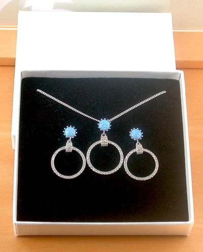 BOXED GIFT SET/Sterling Silver Blue Opal Pendant & Chain/Blue Opal Necklace/Blue Opal Jewellery/Blue Opal Jewelry/Opal & Cz Necklace/Opal Earrings/UK