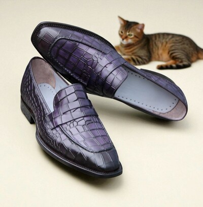 Crafted Leather Handmade Classic Purple Patina Crocodile/Alligator Leather Dress Shoes