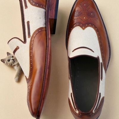 Crafted leather classic men brown patina / tweed contrast wingtip loafers dress shoes - Thumbnail 2