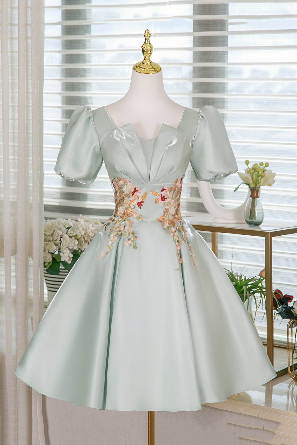 Light Green Satin Short Prom Dress, A-Line Short Sleeve Evening Party Dress