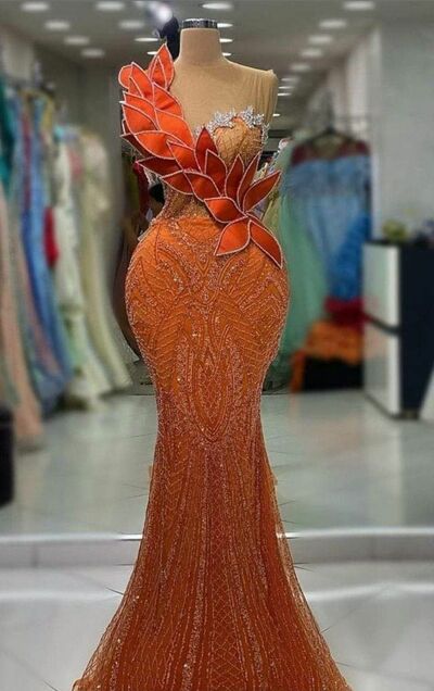 Elegant Orange Beading Crystals Prom Dresses Evening Gowns Formal Party Gowns