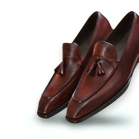Crafted Leather Classic Brown Patina Leather Tassel Loafers Dress Shoes - Thumbnail 1