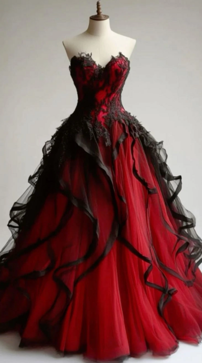 Chic Black Sleeveless Red Wedding Dresses Ruffles Lace Appliques Bridal Gowns