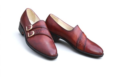 Crafted Leather Classic Brown Crocodile Leather Monk Strap Dress Shoes