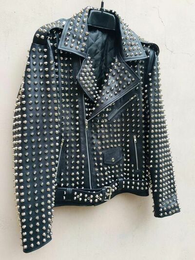 Crafted Leather Men Silver Studded Punk Rock Gothic Black Leather Jacket