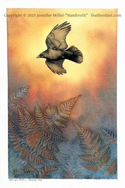 "Crow and Rising Fern" #3 Original - Watercolor Painting
