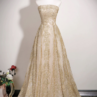 Shiny tulle sequins long prom dress, a-line strapless evening party dress - Thumbnail 1