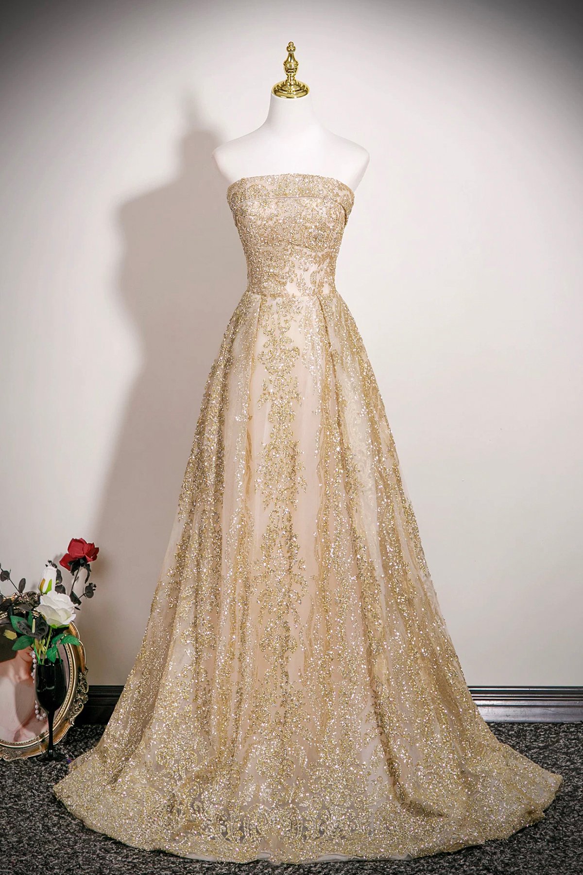 Shiny Tulle Sequins Long Prom Dress, A-Line Strapless Evening Party Dress