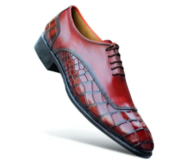 Crafted Leather Handmade Classic Red Crocodile/Alligator Leather Dress Shoes