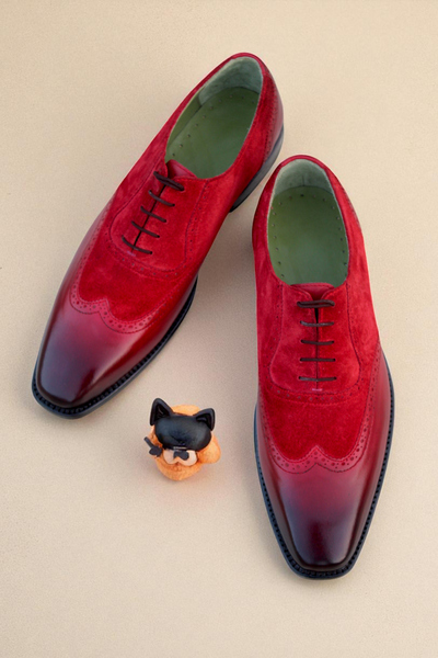 Crafted Leather Classic Red Patina Suede Leather Wingtip Formal Oxford Dress Shoes