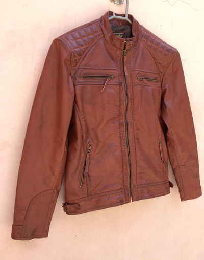 Crafted Leather Men's Motorcycle Brown Genuine Lambskin Leather Slim fit Biker jacket