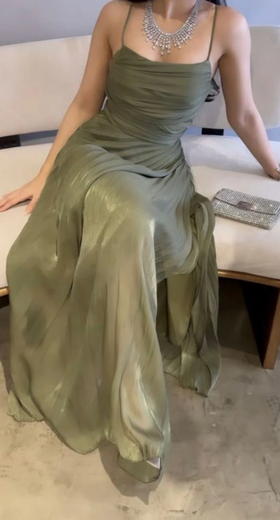 A Line Green Straps Long Prom Dress Party Dress